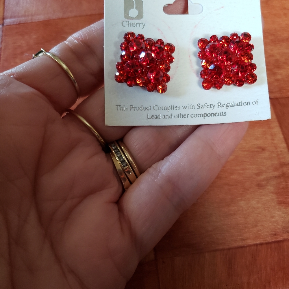 Cherry Red Rhinestone Earrings - Picture 2 of 6